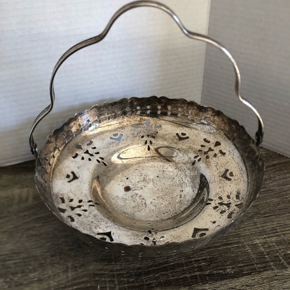 Vtg Silver Decorative Basket with Handle and Etched Design - Picture 3 of 13